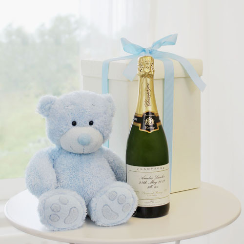 Personalised Champagne with Blue Teddy Bear