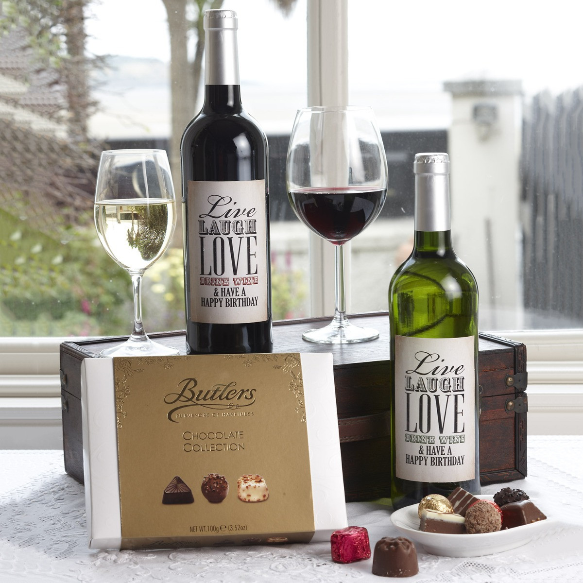 Personalised Live, Laugh, Love Wine & Chocs