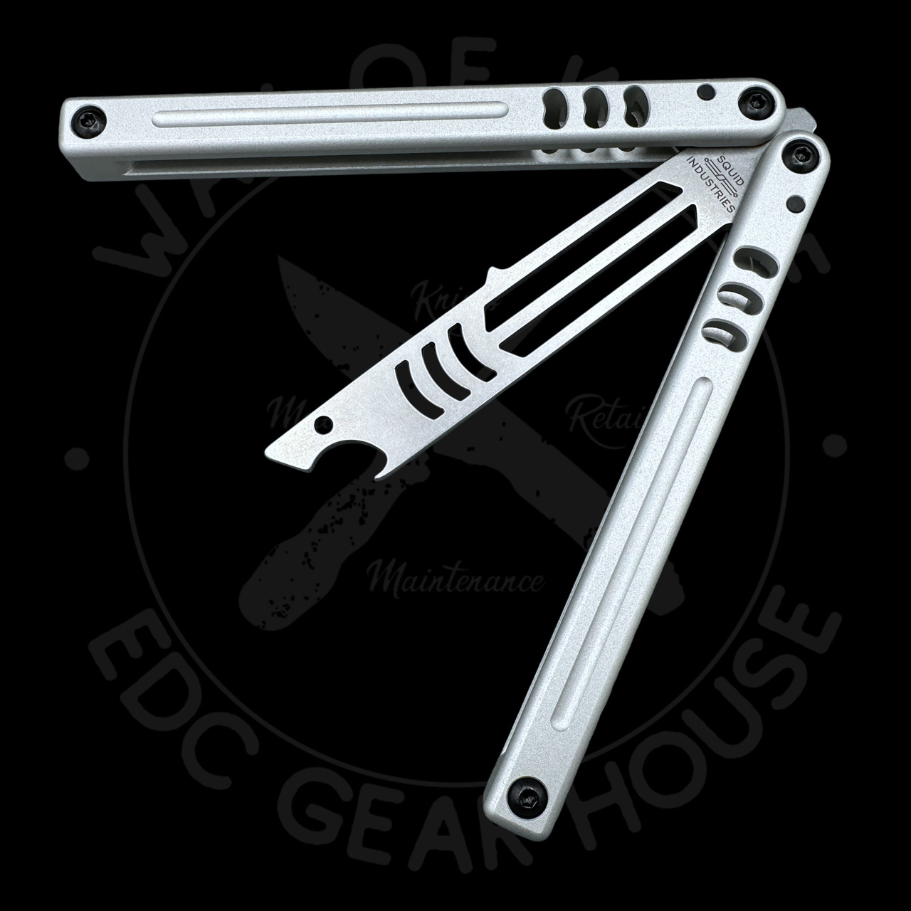 Squid Industries Mako V5 Bottle Opener Balisong Trainer Silver