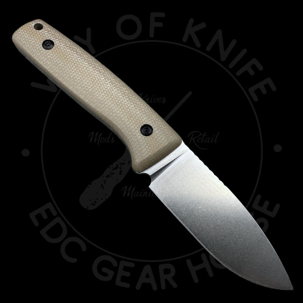 Asher Knives Lil' Buddy Tan Contoured Micarta 3in Cutting Edge S90V Stonewashed Fixed Blade