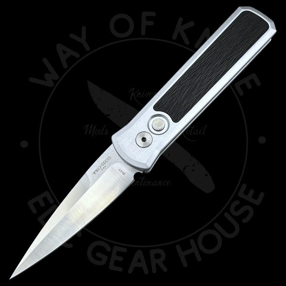 Pro-Tech Godson Auto Silver Alum Handle Crosscut CF Inlay (3.15" 20CV Satin) Pro-Tech Godson Auto Silver Alum Handle Crosscut CF Inlay (3.15" 20CV Satin)