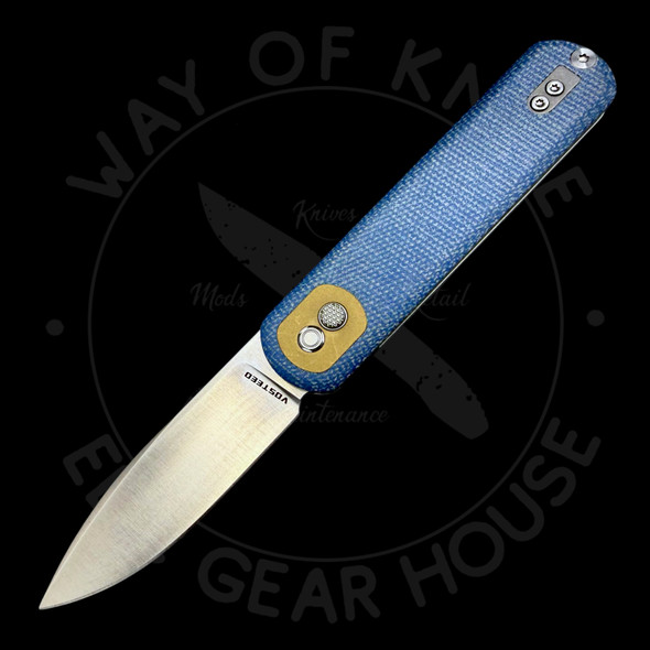 *Pre Owned* Vosteed Corgi Button Lock Flipper Brass Insert Blue Micarta 14C28N ( 2.99" Satin)