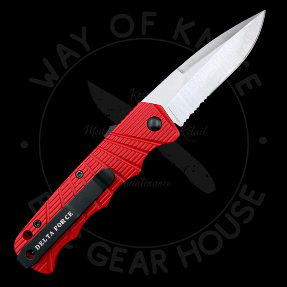 *Pre Owned* Delta Force Automatic Red Aluminum Partially Serrated 440C (3.25 Satin)