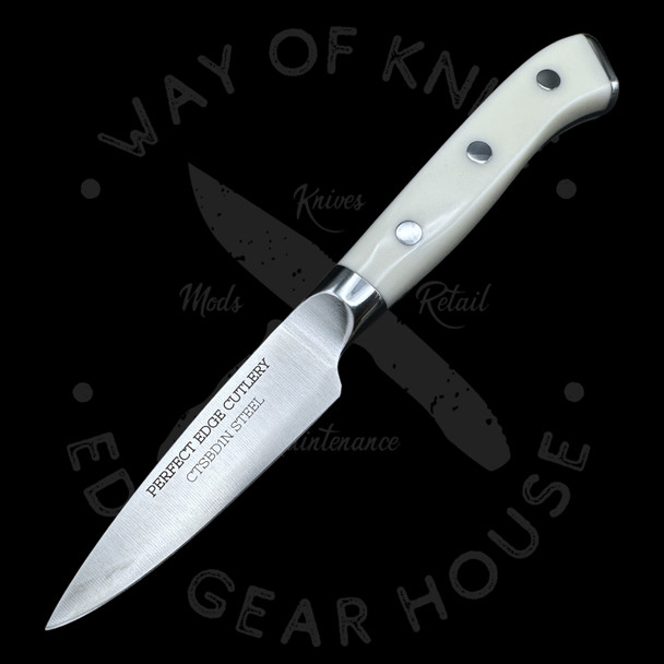 Perfect Edge Cutlery Shiro Hane 3.5in Paring Knife CTS-BD1 Stainless Blade White Corian Handle