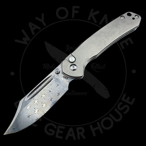 *Pre Owned* CJRB Cutlery Pyrite Bowie Button Lock Knife Gray Titanium (3.1" Damascus)
