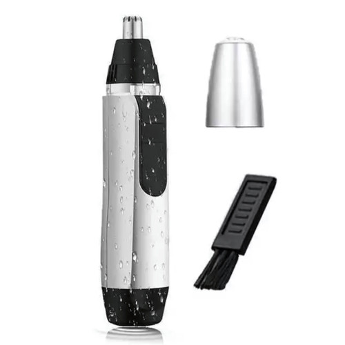 Electric nose and ear hair trimmer with protective cap and cleaning brush