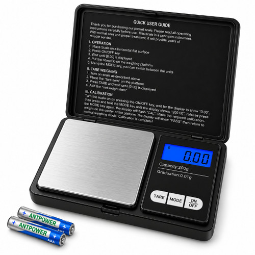 LUPO digital pocket scales 200g x 0.01g with flip cover open, stainless platform and 2 AAA batteries included