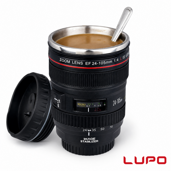 LUPO Camera Lens Stainless Steel Tea Coffee Mug + Screw on Sipping Lid