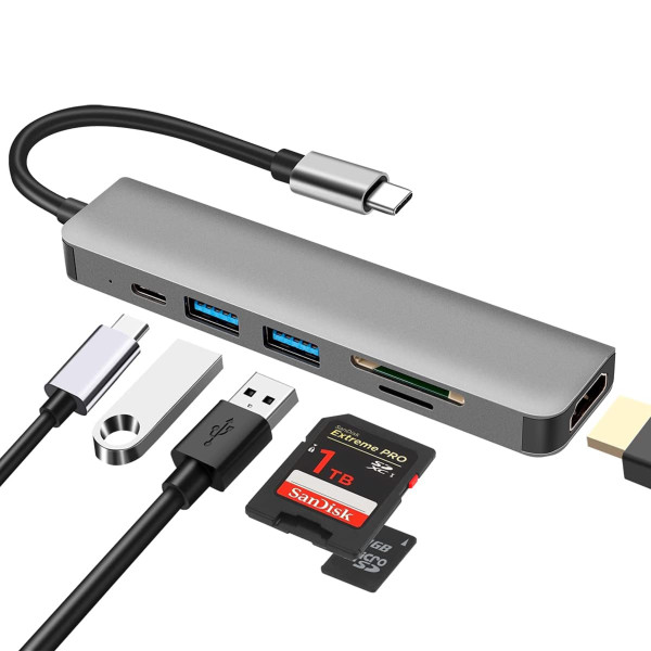 6-in-1 USB-C hub showing HDMI, USB and SD/microSD ports