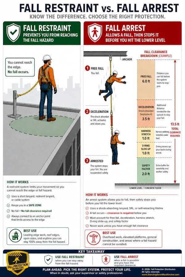 Side-by-side OSHA infographic comparing fall restraint and fall arrest systems. The left panel shows a worker on a roof tied to an anchor with a short lanyard that prevents him from reaching the edge, so no fall occurs. The right panel shows a fall arrest system with three stages: free fall, deceleration as the shock absorber deploys, and the worker safely arrested in mid-air. A clearance breakdown bar shows the components of total fall clearance: 6 ft free fall, 3.5 ft deceleration, 1 ft harness stretch, 1 ft D-ring slide-up, and 2 ft safety factor, totaling 13.5 ft of required clearance below the anchor.