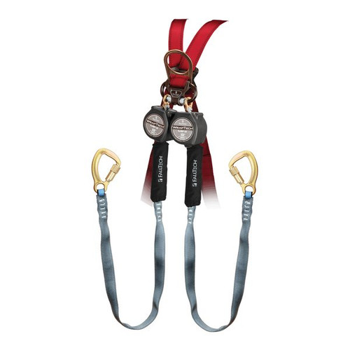 FallTech 74709TB8 9' WrapTech Mini Tie-Back Twin-Leg personal SRL with steel carabiner/clip + steel 5k tie-back carabiners