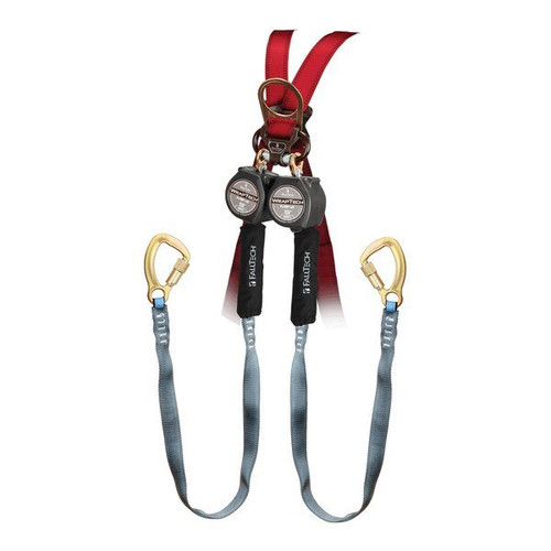FallTech 74709TB8 9' WrapTech Mini Tie-Back Twin-Leg personal SRL with steel carabiner/clip + steel 5k tie-back carabiners
