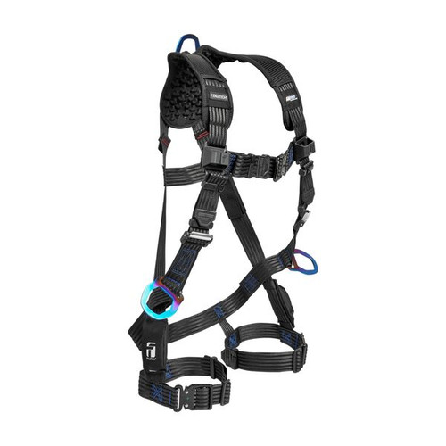 FallTech 81323DQC FT-One Ultra-Lite 3D standard non-belted harness with quick-connect legs, front angled view showing titanium hip D-rings and quick-connect legs