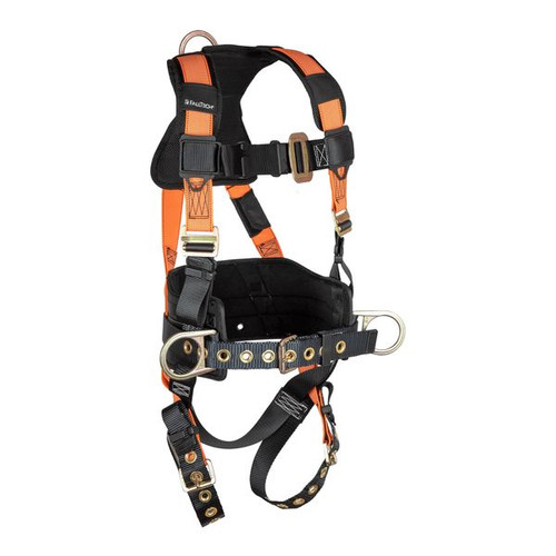 FallTech 7078BHVD Hi-Vis Tradesman Plus 3D Construction Belted Full Body Harness with high-visibility orange webbing and reflective striping