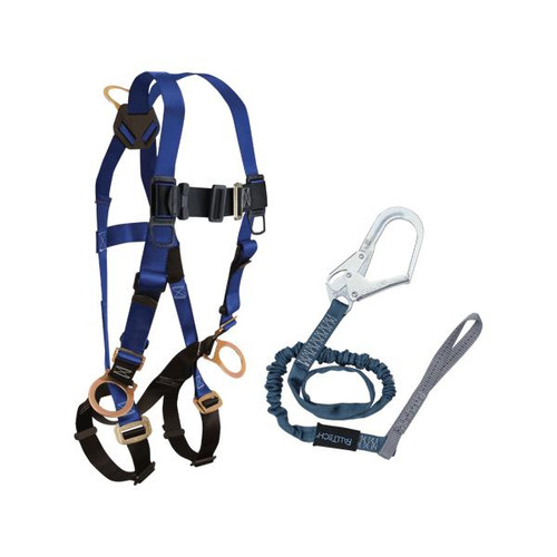 FallTech CMB172593L Combo, 7017 Harness and 82593L Lanyard shown with all included components on white background
