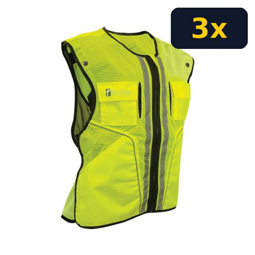 FallTech 5051 Construction Grade Hi-Vis Lime Vest, 3-Pack: three vests per pack, one size per pack (3x badge indicates pack quantity, photo shows one vest)