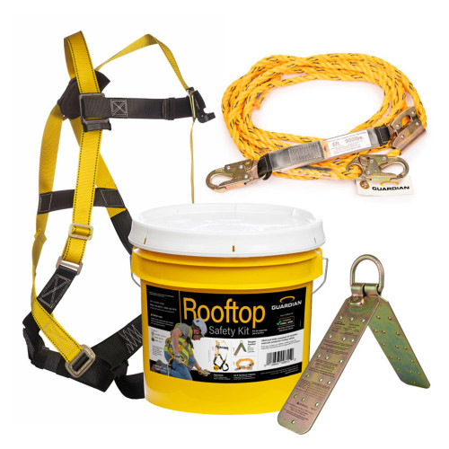 Guardian 00815 Bucket of Safe-Tie Rooftop Safety Kit with Velocity full-body harness, 50 ft vertical lifeline assembly, Temper roof anchor, and 3.5-gallon bucket
