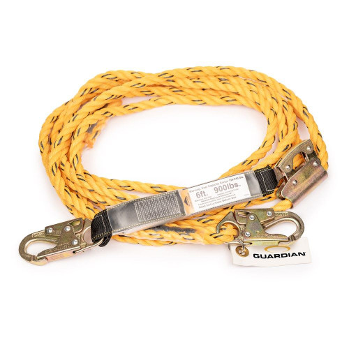 Guardian poly steel rope vertical lifeline assembly with shock absorber, rope grab, and snap hook, available in 25, 30, and 50 ft