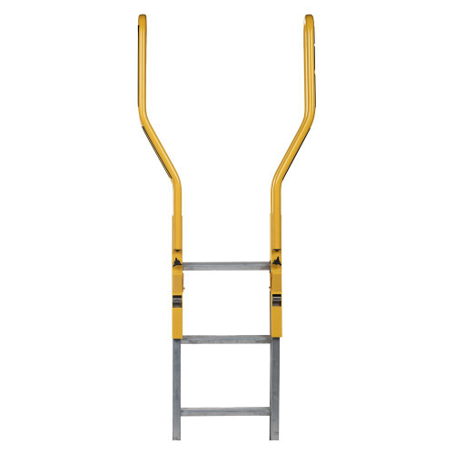 Guardian 10800 Safe-T Ladder rail extension system mounted on an extension ladder, front view