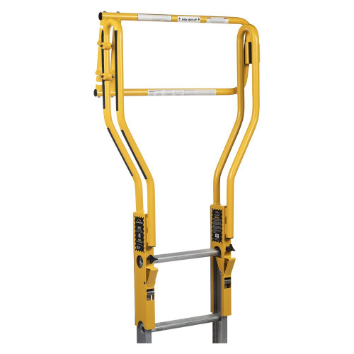 Guardian 10798 Safe-T self-closing ladder gate mounted on the Safe-T Ladder extension, quarter view