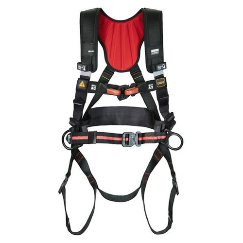 Miller H500 arc flash harness H5AFC1S with dielectric back and side D-rings and polyamide webbing, front view