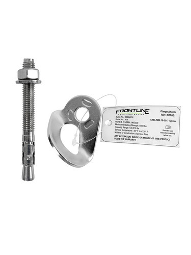 Frontline COFA01 stainless steel flange anchor plate with its bolt, nut, and washer shown side by side with the product tag