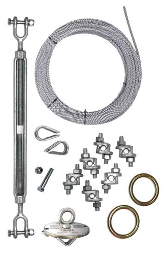 Frontline HLC-MPA 60 ft cable horizontal lifeline kit components: coiled 3/8 in zinc-plated wire rope, turnbuckle, thimbles, fist grip clips, bolt and nut, two O-rings, and metal plate energy absorber