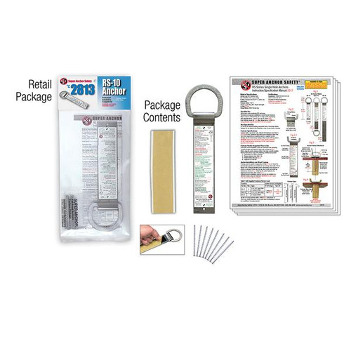 Super Anchor RS-10 2813 Single Sided D-Ring Anchor 4-Pack, SKU 2813, RS-10 roof anchor retail package and contents