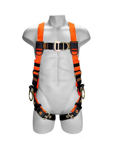 Frontline 100VTB-UN-4D Combat Economy 4 D-ring full body positioning harness, front view with front sternal and side hip D-rings and high-visibility orange webbing