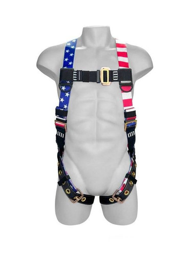 Frontline 100VTB-AM Combat American Style economy full body harness, front view with American flag print webbing, pass-through chest buckle, and tongue-buckle legs