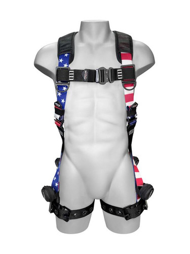Frontline 110VTB-AM Combat Lite American Style vest harness, front view with American flag print webbing and aluminum quick-connect chest buckle