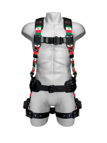 Frontline 110CTB-MX Combat Mexican Style full body harness, front view with Mexican flag print webbing, aluminum quick-connect buckle, and side D-rings on the work-positioning belt
