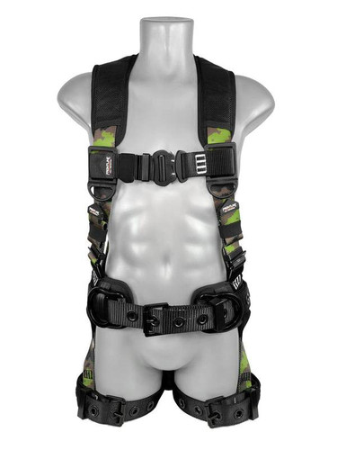 Frontline 110CTB-CF Combat green camouflage full body harness, front view with camo print webbing, aluminum quick-connect buckle, and work-positioning belt