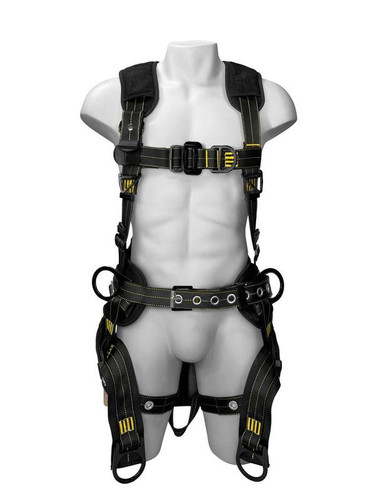 Front view of the Frontline 150DHTW Derrick 6D harness in black and yellow webbing with sternal D-ring, pass-thru chest buckle, padded work positioning belt, and bosun seat sling straps