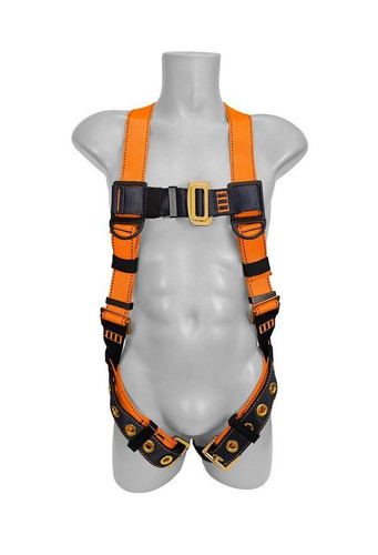 Front view of the Frontline 100VTB Combat Economy full body harness with safety orange polyester webbing, black pass-thru chest buckle, and grommeted tongue buckle leg straps