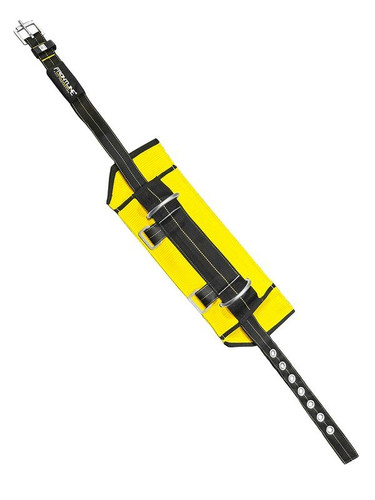 Frontline 150AC-BB Derrick harness belly belt in yellow and black with wide support strap, integrated frontal D-rings, and grommeted tongue buckle adjustment
