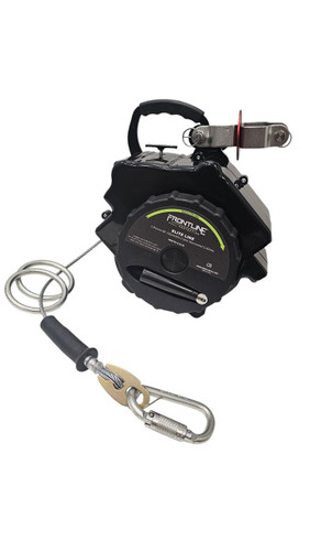 Frontline HCLL260 Elite 2-person cable horizontal lifeline in black high-strength polymer housing with molded carry handle, galvanized wire rope, O-ring mobile anchors, and locking carabiner
