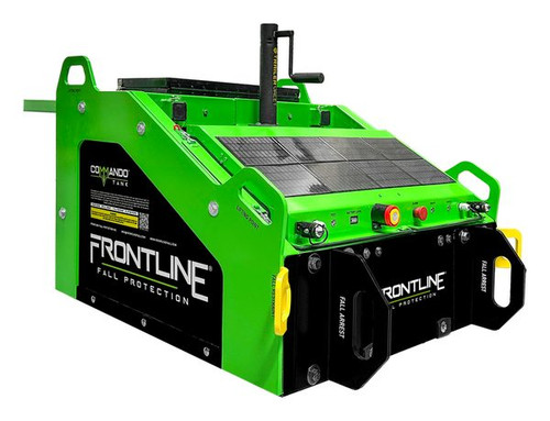 Frontline CMT04-SLR solar powered Commando Tank fall protection cart in safety green showing the rooftop solar panel array and color-coded connection points