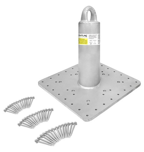 Frontline RO12-CAL commercial roof anchor with 12 inch post, hot dip galvanized finish, 16 by 16 inch base plate, and included fasteners