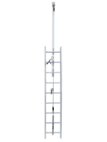 Frontline VLCS Securope stainless steel cable vertical lifeline system installed on a fixed ladder with top anchor, intermediate guides, and bottom tensioner