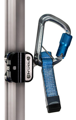 Frontline TRR38 Securail rail trolley in anodized aluminum and stainless steel with rollers and integrated energy absorber