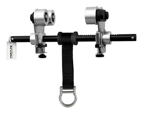 Frontline ST10HTK aluminum beam trolley anchor with dual roller carriages, adjustment bar, and centered webbing D-ring