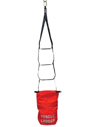 Frontline RLA18 webbed rescue ladder hanging from its carabiner above the deployment bag