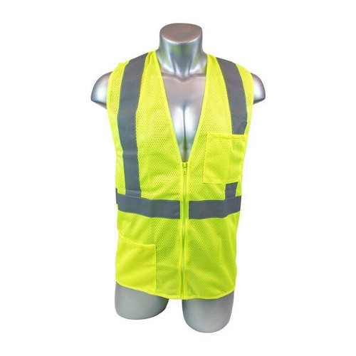 Malta Dynamics high visibility yellow field vest, ANSI ISEA 107 Class 2, showing the zipper front, chest pockets, and contrasting reflective stripes