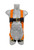 Front view of the Frontline 100VMB Combat Economy minimalist full body harness with safety orange polyester webbing, black chest strap with pass-through mating buckle, and pass-through leg strap buckles