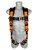 Front view of the Frontline 50VTB Combat Economy vest style harness with safety orange webbing, moisture-wicking shoulder padding, black pass-thru chest buckle, and tongue buckle leg straps