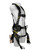 Three-quarter front view of the Frontline 150DHTW Derrick 6D harness showing the sternal D-ring, belt-mounted positioning D-ring, and quick connect leg hardware
