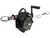 Three-quarter view of the Frontline HCLL260 horizontal lifeline showing the built-in winch handle, termination connection end with tension indicator, and locking carabiner