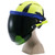Malta Dynamics HTV0004 Shade 5 green face shield deployed in the working position on an APEX safety helmet