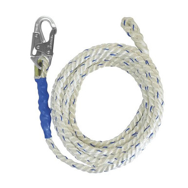FallTech 8200 single-anchor vertical lifeline, 100 ft 5/8 in polyester rope with steel snap hook, ANSI Z359.15 or CSA Z259.2.5